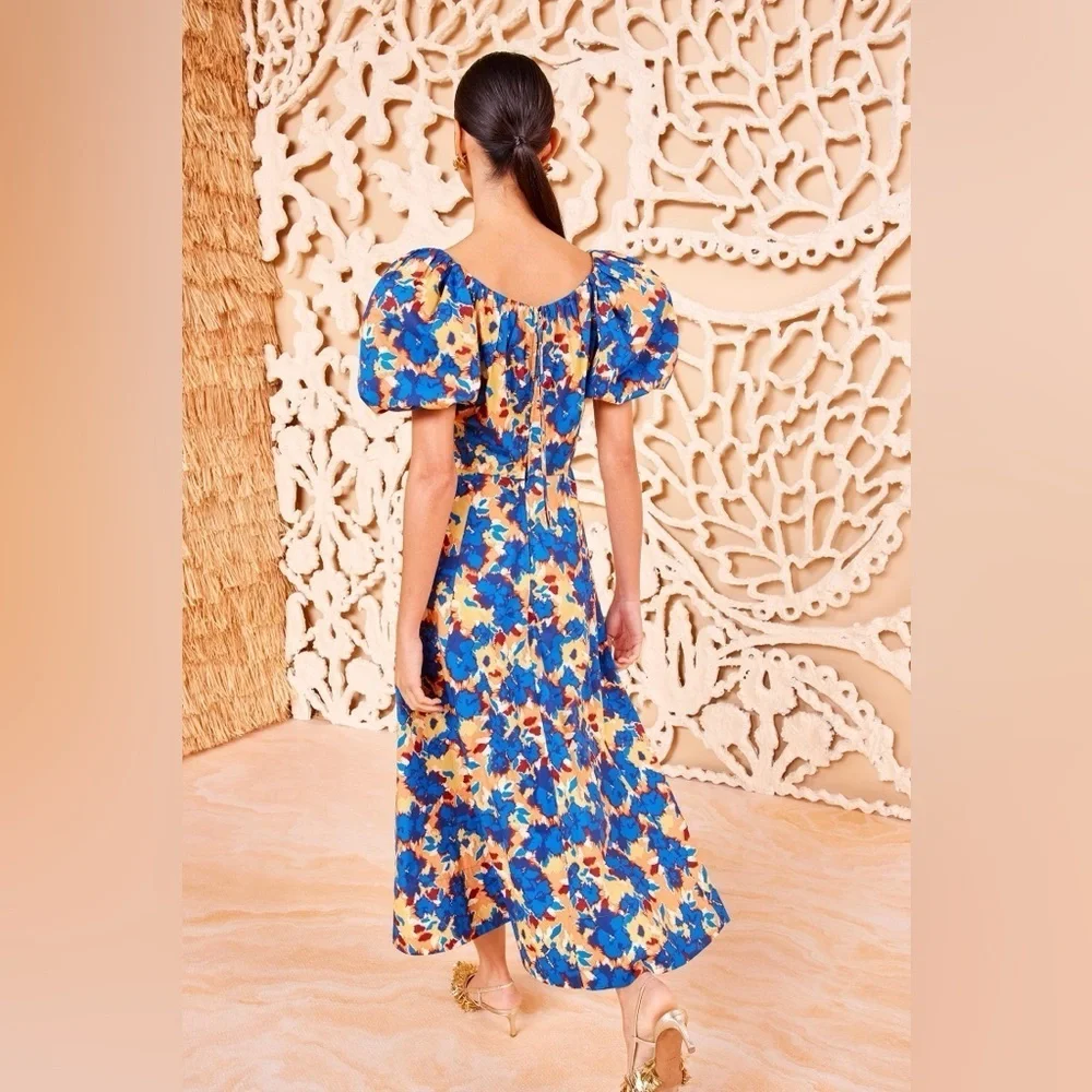 NEW Ulla Johnson Imara Blue Floral Cotton Short Sleeve Midi Dress | size 2 - Picture 5 of 16